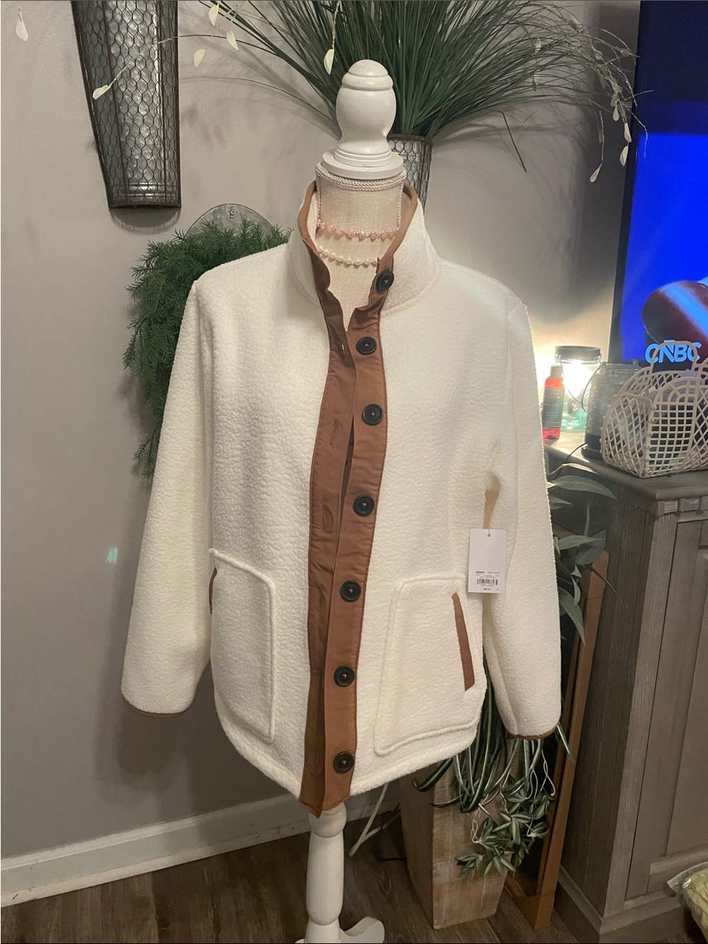 croft & barrow Cream Sherpa Jacket with Brown Trim